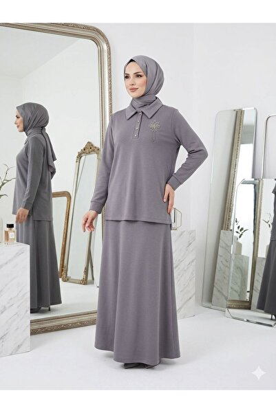 wishne طقم نسائي مكون من قميص وتنورة مع بروش على ياقة القميص - طقم أنيق وعصري...