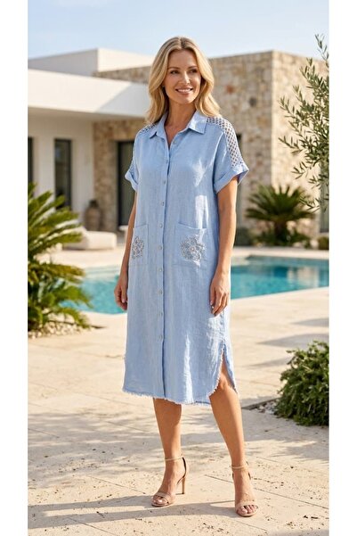 Punta Otantik YG46170 Ιταλικό φόρεμα πουκάμισο με διχτυωτό πλέγμα στην πλάτη,...