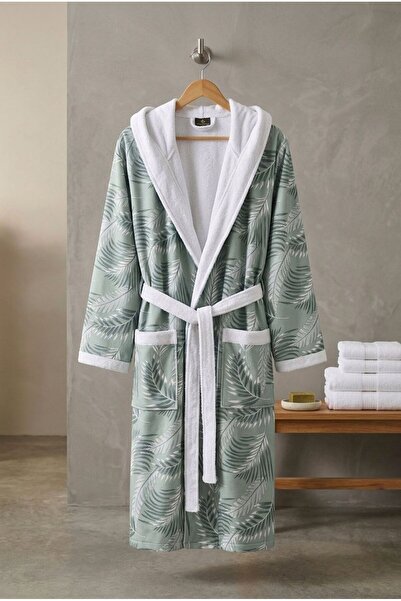 TEXTİLES MAGİC LAMP Modern Botanical Cotton Patterned Hooded Summer Bathrobe