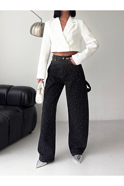 Ağgez Γυναικείο τζιν με μαύρη πέτρινη αγκράφα και ζώνη, σε φαρδιά γραμμή