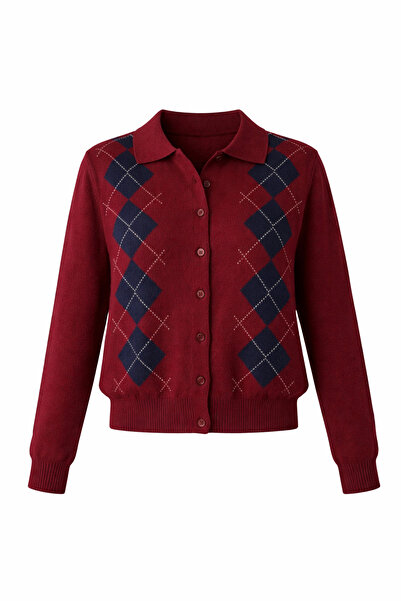 ElifÇakıl Bordo Polo Collar Buttoned Cardigan