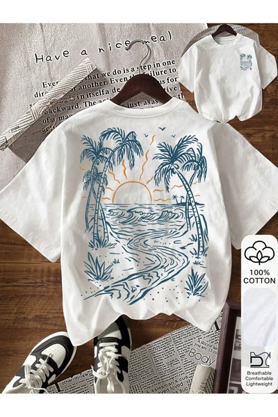 ZAVIXO -Women's Oversize Tropical Beach Print T-Shirt – 100% Cotton Soft Text...