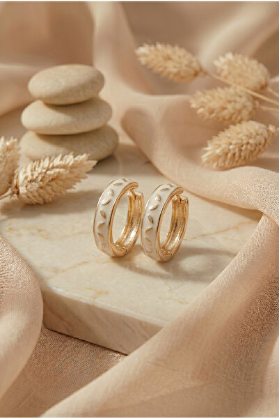 Lune Design Elegant White Enamel Leaf Detailed Gold Color Hoop Earrings