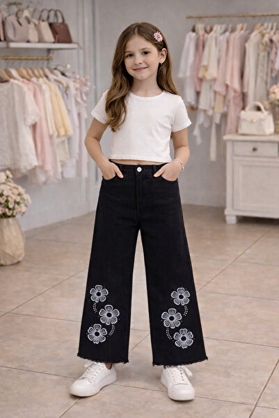 asil butik Kız Çocuk Nakışlı Geniş Paça Kot Pantolon