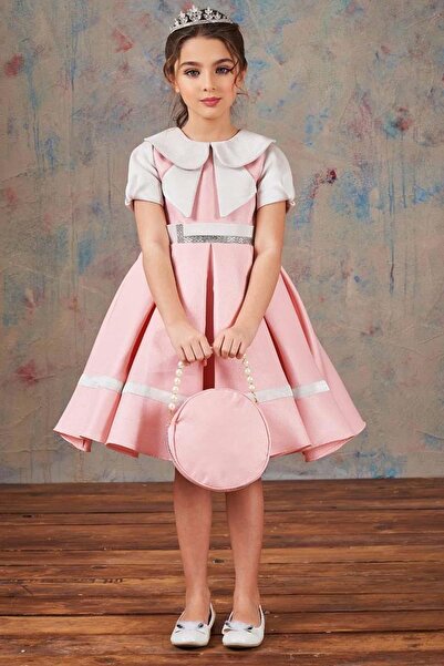 Riccotarz Βραδινό φόρεμα από ροζ σατέν για κορίτσια, με γιακά μωρού, λεπτομέρ...