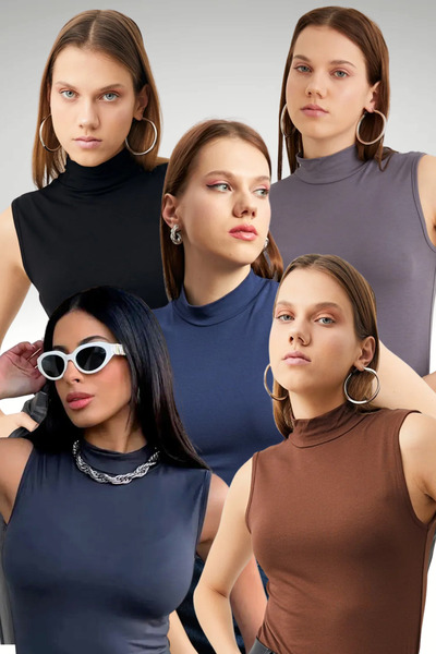 Bipantolon Γυναικείο Σετ 5 Οικονομικών Αμάνικων Μπλουζών Μαύρο, Καφέ, Γκρι, Α...