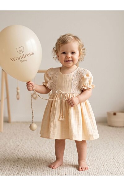 Cherrys Bebek Cotton Lace Detailed Muslin Baby Girl Dress
