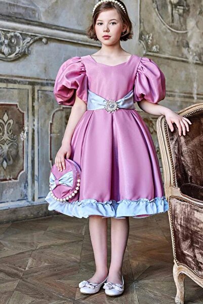 Riccotarz Ροζ βραδινό φόρεμα για κορίτσια με μανίκια μπαλόνια, λεπτομέρεια μπ...