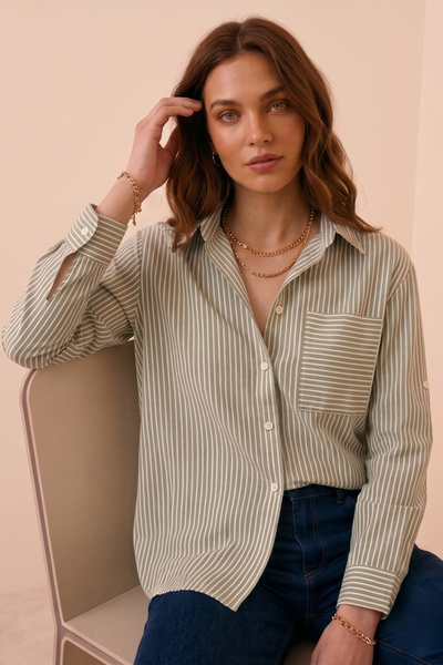 Corradeo Giyim Βιολετί Γυναικείο Ριγέ Μακρυμάνικο Εποχιακό Πουκάμισο - Χακί