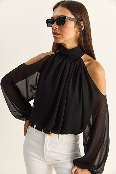 Bianco Lucci Γυναικεία μπλούζα σιφόν με χαμηλό κόψιμο στους ώμους, ψηλό γιακά...