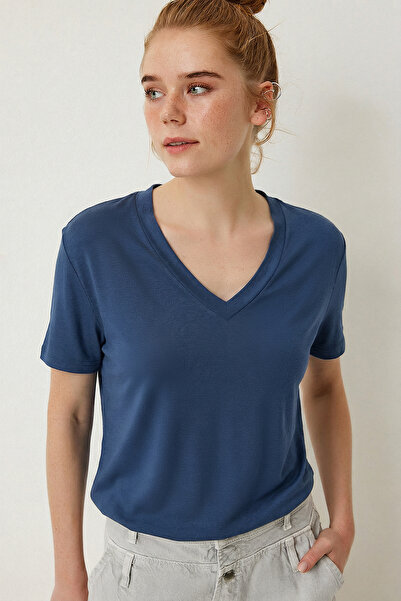 Lovelyİstanbul V-Neck Basic Viscose T-Shirt Len0001 Cobalt Blue