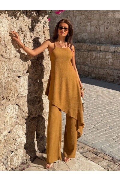 moda paketi Σετ με ασύμμετρη μπλούζα και παντελόνι σε χρώμα καμηλό – Καλοκαιρ...