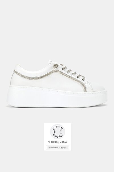 TUNAELLİ Women's White Genuine Natural Leather Size 36-41 Lace-Up Sneaker Shoes