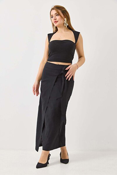 Raneel Kazançlı Alışveriş Women's black linen midi skirt with waist tie detail