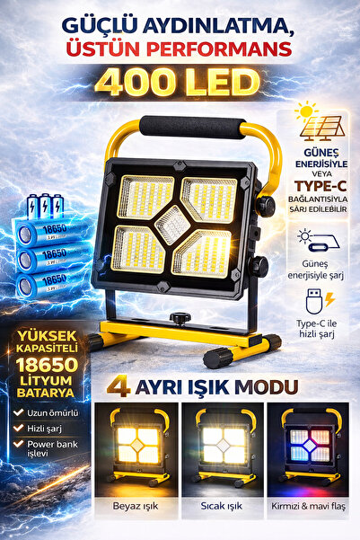 electroawm 400 LED Şarjlı Projektör Işıldak Güneş Enerjili Taşınabilir Led La...