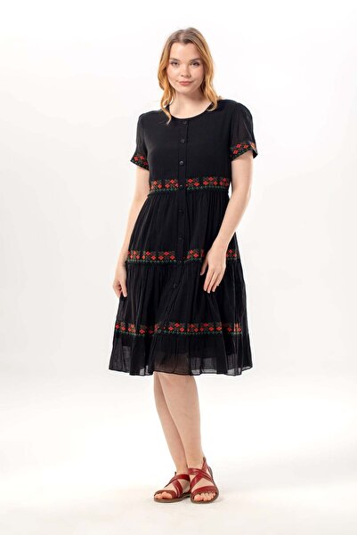 Eliş Şile Bezi Κοντομάνικο φόρεμα με λαιμόκοψη ποδηλάτου, κεντημένο, αυθεντικ...