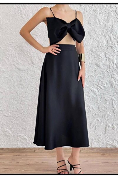 Zaghou Satin Skirt and Top Set with Bow Detail