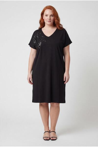 Ebsumu Γυναικείο φόρεμα μεγάλου μεγέθους με κεντημένα φύλλα, χαλαρό, μαύρο