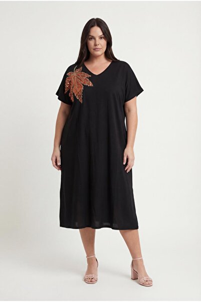 Ebsumu Γυναικείο φόρεμα μεγάλου μεγέθους με κεντημένα φύλλα, χαλαρό, μαύρο-κί...