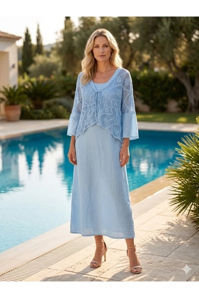 Punta Otantik YG11694 Ιταλικό λινό φόρεμα με τιράντες και δαντελένιο σακάκι σ...