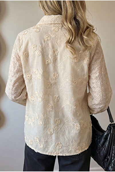 FEMELLE Women's Beige Shirt with Scallop Detail on Sleeves and Collar, Embroidered