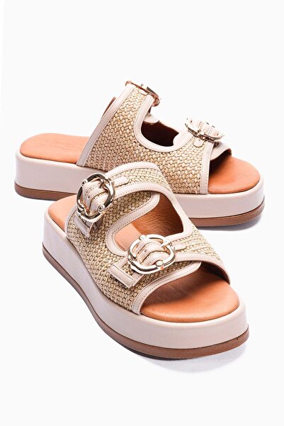 Mubiano Γυναικείες Παντόφλες με Ψάθινη Λεπτομέρεια, Διπλό Λουράκι, Πλατφόρμα ...