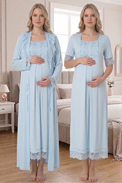 BLACKMORE Women's Blue Cotton Maternity Nightgown Set with Special Lace Detail