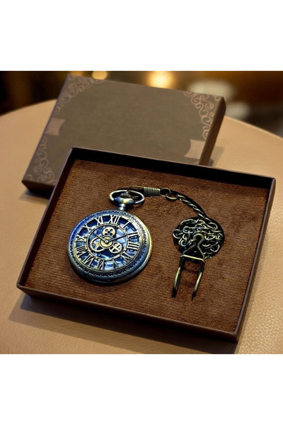 Store Roma Rakamlı Antik Kutulu Köstekli Cep Saati Zincirli Metal Vintage Saat