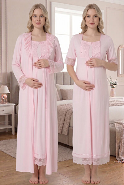 BLACKMORE Women's Pink Cotton Maternity Nightgown Set with Special Lace Detail