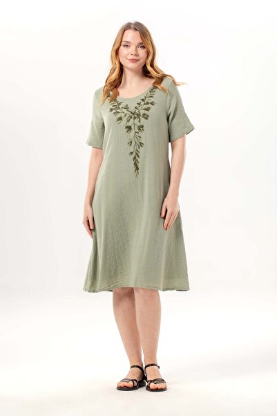 Eliş Şile Bezi Κοντομάνικο φόρεμα Lidya με λαιμόκοψη ποδηλάτου, κεντημένο, κα...