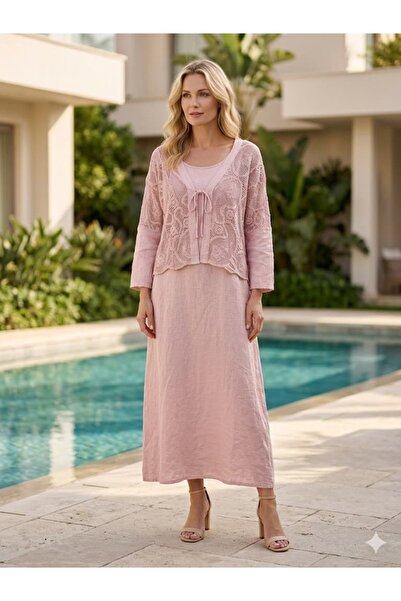 Punta Otantik YG11694 Ιταλικό λινό φόρεμα με τιράντες και δαντελένιο σακάκι σ...