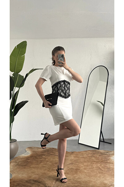 asfamoda Γυναικείο Λευκό Δαντελένιο Μίνι Φόρεμα με Κοντά Μανίκια, Έμφαση στη ...