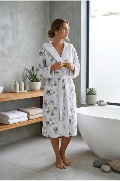 Loselya Μαλακό βαμβακερό μπουρνούζι με κουκούλα και σχέδιο πέταλων