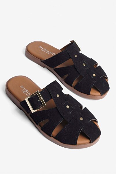 Mubiano Women's Suede Slippers with Buckle and Gold Detail, Zerel Black