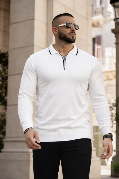 hacker Men's Casual Striped Slim Fit White Polo Neck T-Shirt