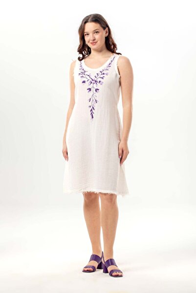 Eliş Şile Bezi Αμάνικο φόρεμα Lidya με λαιμόκοψη V, με κέντημα από μουσελίνα,...