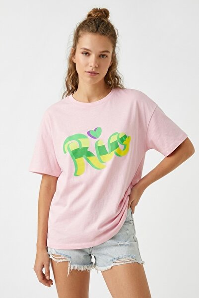 HOXİE Women's Pink Rio Printed Oversize Crew Neck T-Shirt