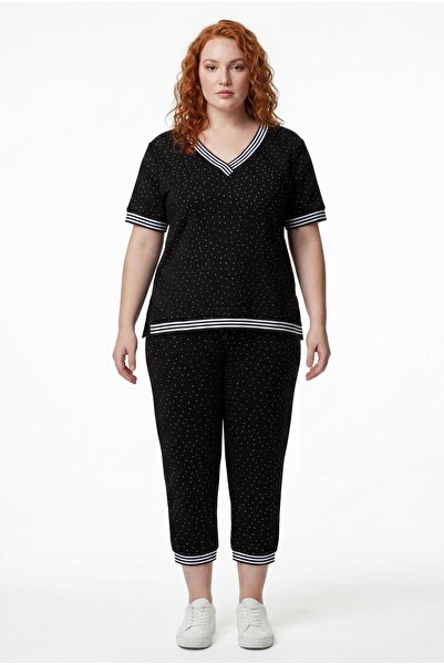 Ebsumu Women's Plus Size Shiny Stone Printed Capri Black Tracksuit Set