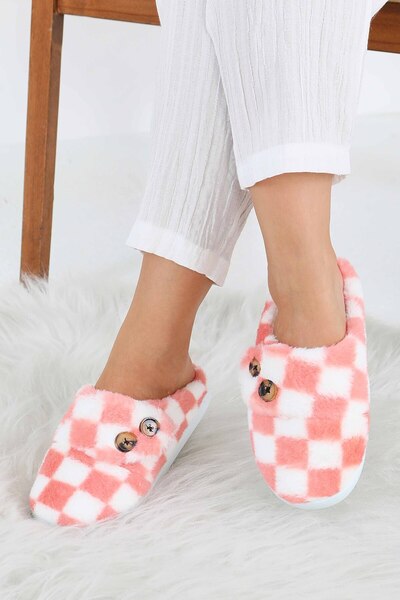 TOFİSA Γυναικείες ροζ καρό παντόφλες σπιτιού με κουμπιά - 27780-PEMBE