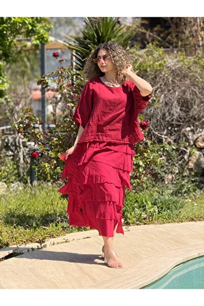 Punta Otantik NC20831 Ιταλικό λινό φόρεμα με βολάν σε μπορντό χρώμα