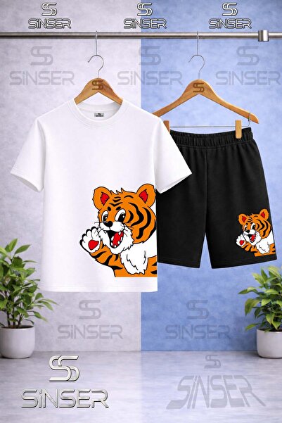 SS SİNSER Children's Yandan Cute Tiger Printed Crew Neck T-Shirt - Shorts Set