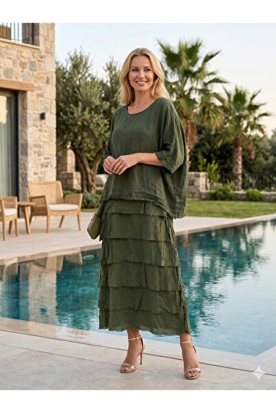 Punta Otantik NC20831 Ιταλικό λινό φόρεμα με βολάν χακί