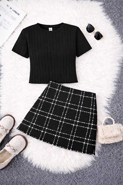 CINARIUM Girl's Short Sleeve T-Shirt and Plaid Skirt 2-Piece Set