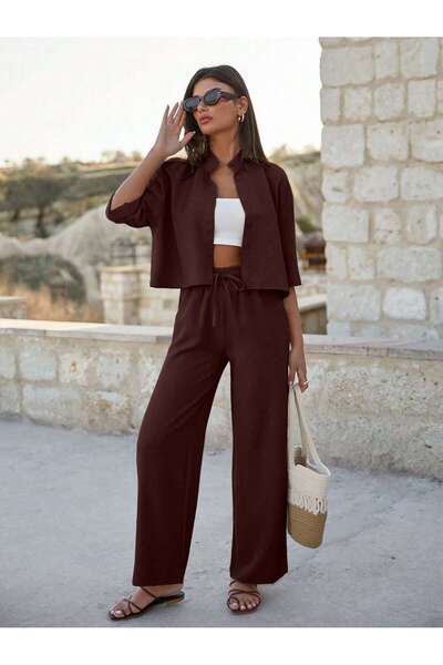 DUUE FASHİON Σκούρο καφέ άνετο πουκάμισο με κοντό μήκος και παντελόνι με φαρδ...