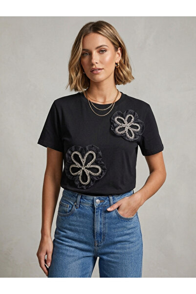 OEM Women's black T-shirt with 3D floral applications and rhinestones, M/L