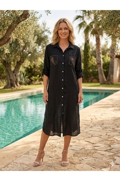 Punta Otantik YG9692 Ιταλικό φόρεμα με παγιέτες τσέπης, μήκους midi, από βαμβ...