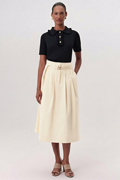 Exquise Κρεμ μίντι φούστα με ζώνη στη μέση, πλισέ και τσέπες