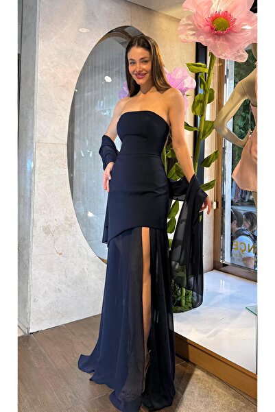 SpringStore Lacivert Şal Detaylı Straplez Abiye