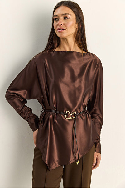 Bianco Lucci Women's Asymmetrical Cut Belt Detailed Satin Blouse 7044 60286106