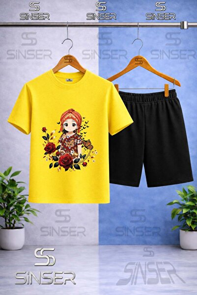 SS SİNSER تي شيرت للأطفال بياقة دائرية مطبوع عليه JYN ANIME GIRL - طقم شورت